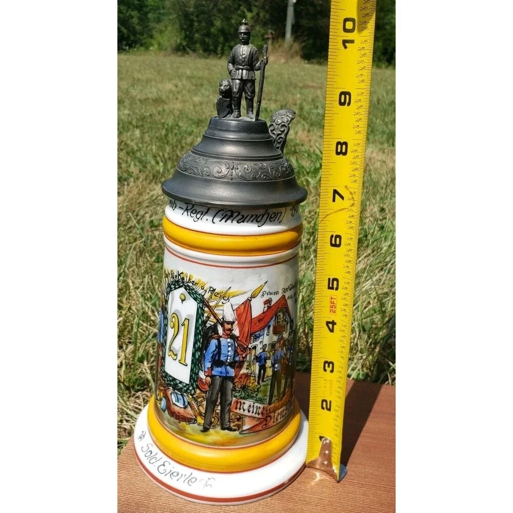 German Regimental Beer Stein Konig Munich Lithopane 1907-10 w/Pewter Lid Handle